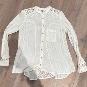 Free People White Buttoned Pleated Top with Mandarin Collar